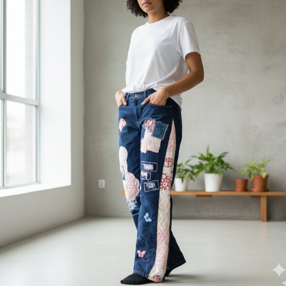 Mott & Bow  Dark Denim Patchwork Boyfriend Jean by ThreadsReclaimed - Picture 1 of 12